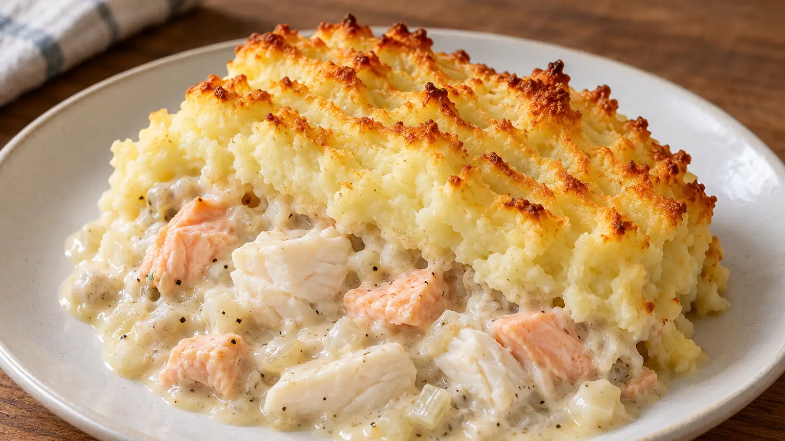 A serving of cod and salmon pie in milk sauce beneath golden mashed potatoes
