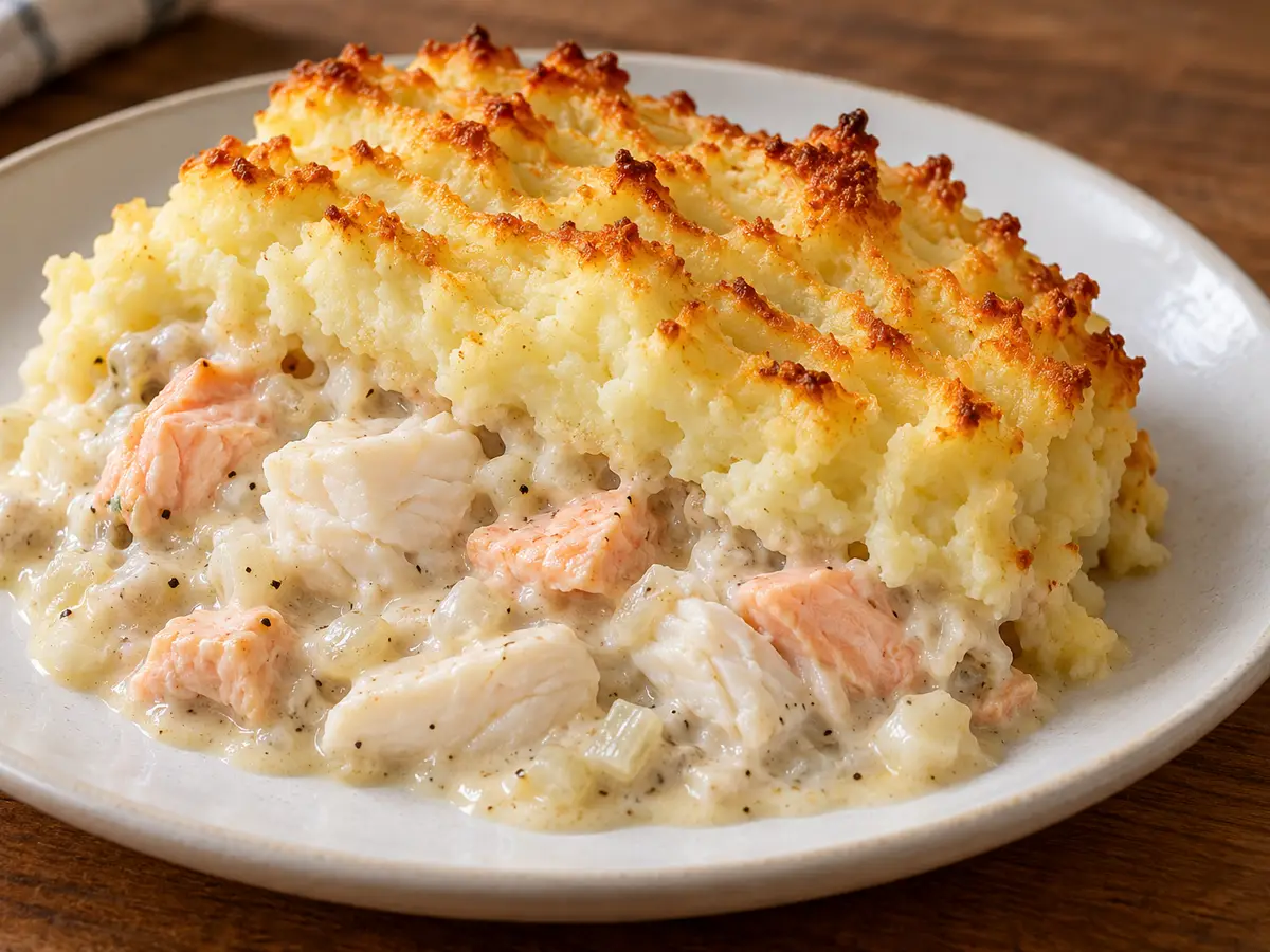 Fish Pie with Cod and Salmon under Mashed Potatoes