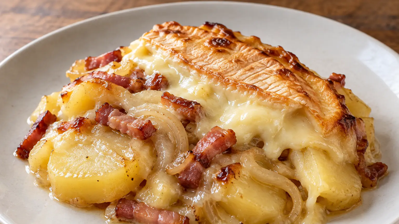 A serving of tartiflette with intact potato slices, bacon and browned Reblochon rind