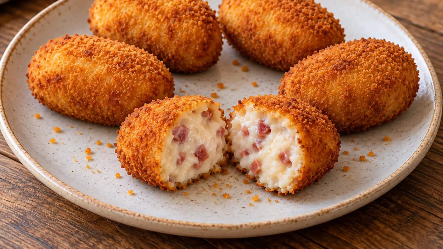 Golden oval croquettes with a creamy béchamel center and tiny pieces of ham