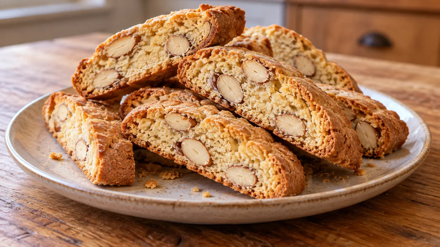 Golden diagonal cantucci stacked with visible cross-sections of whole almonds