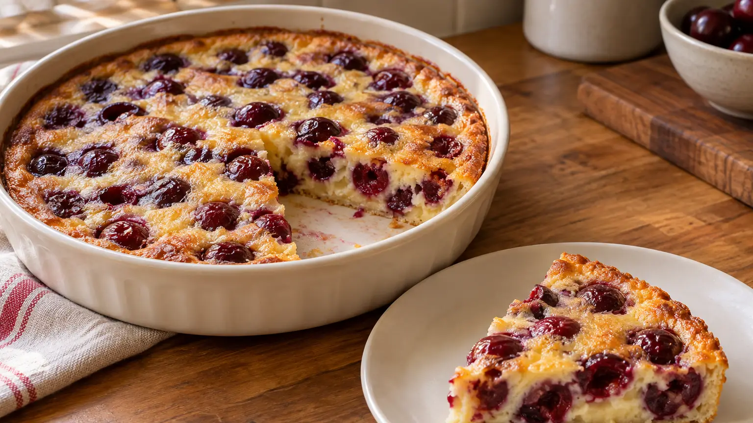 Sweet cherry clafoutis with a golden edge and a portion revealing the moist center