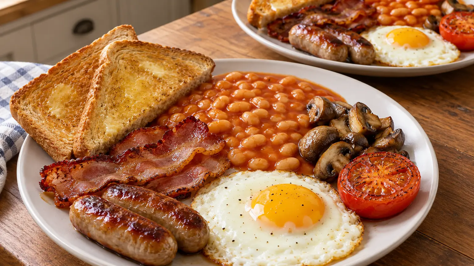 Fried egg, bacon, sausages, beans, mushrooms, tomato and buttered toast on a plate