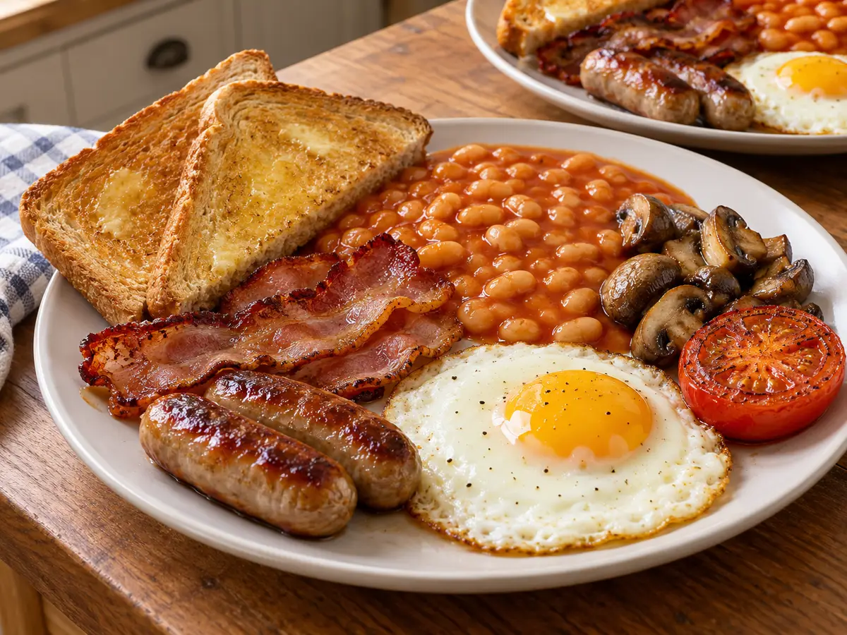 English Breakfast with Eggs, Bacon, Sausages and Beans