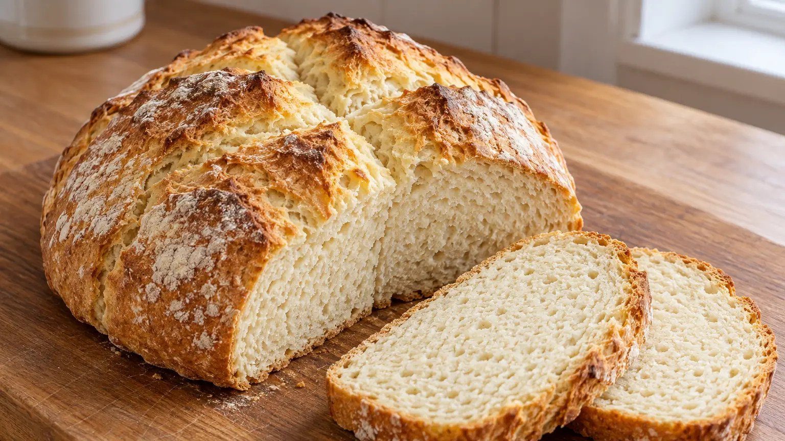 Round soda bread with a golden crust, deep cross and slices revealing soft crumb