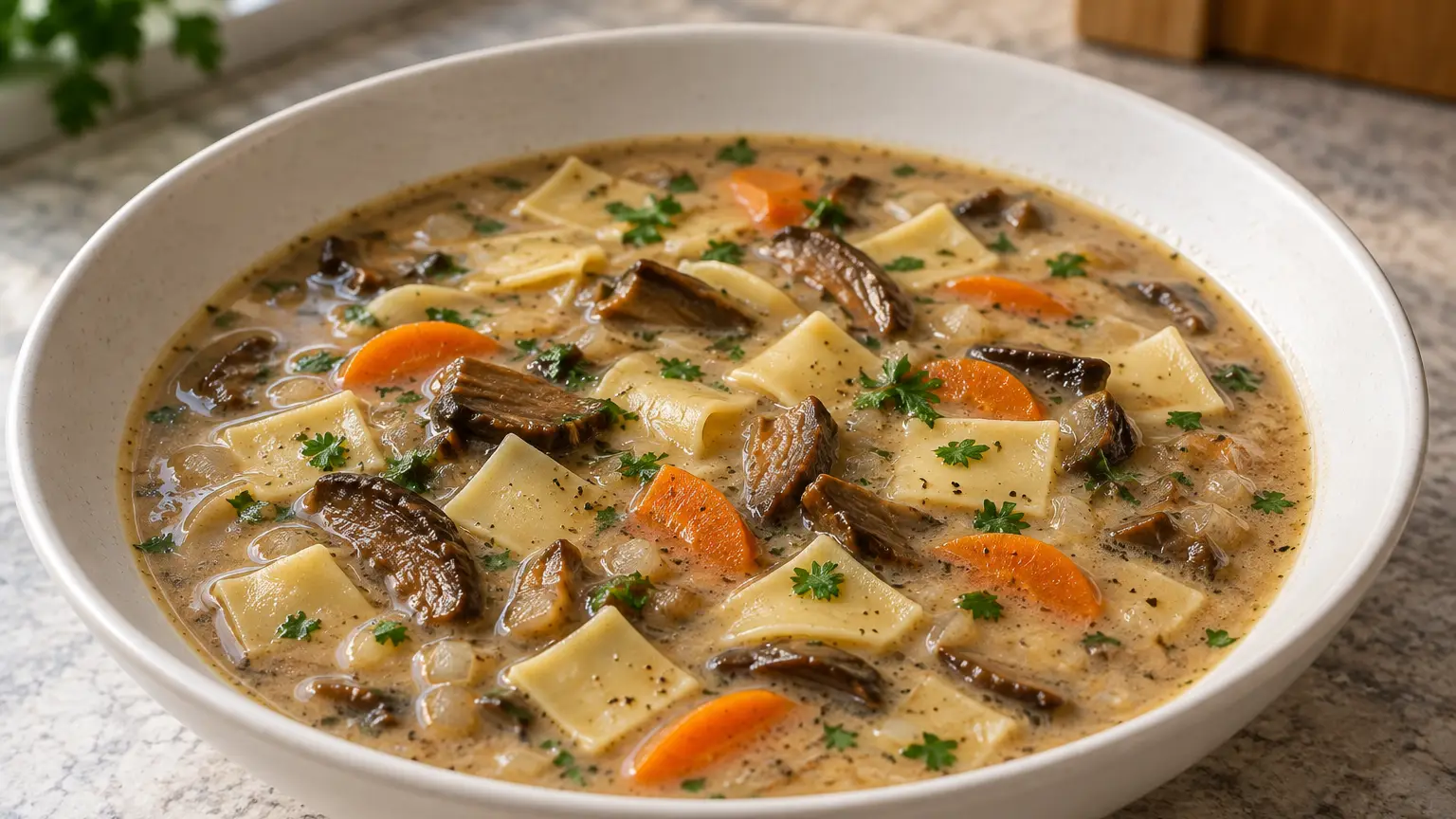 Creamy soup with wild mushrooms, square łazanki noodles, carrot and parsley