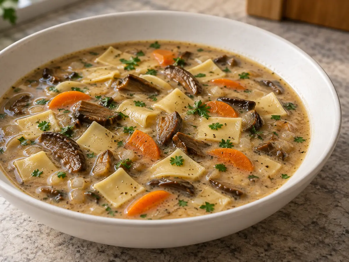 Dried Wild Mushroom Soup with Łazanki (Square Noodles)