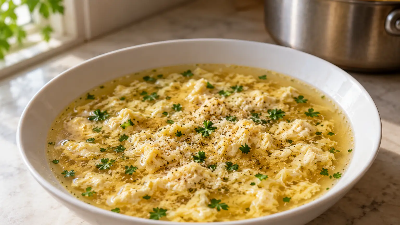 Golden broth with soft flakes of egg, Parmesan and chopped parsley