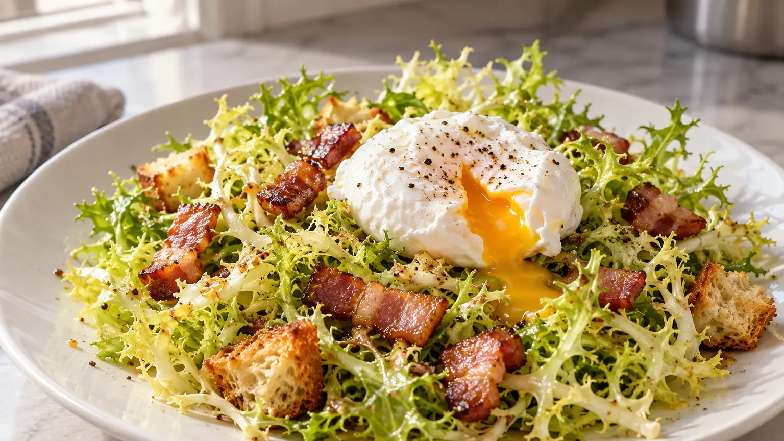 Curly endive with bacon, golden croutons and a poached egg cut open