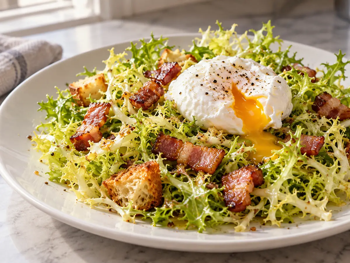 Lyonnaise Salad with Bacon, Croutons and a Poached Egg