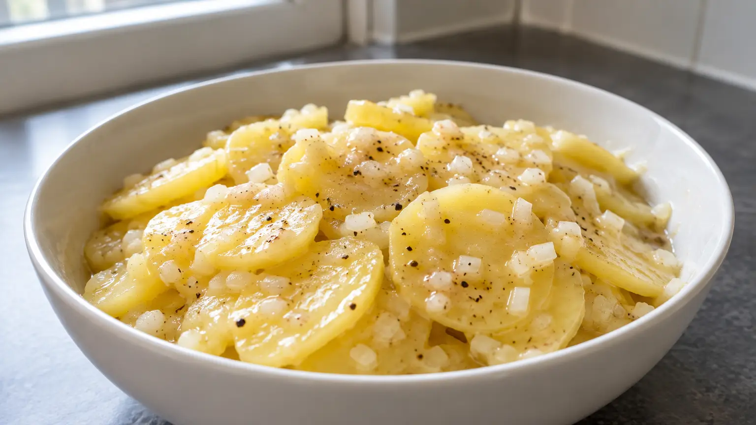 Thin potato slices with finely chopped onion in a glossy mustard-vinegar dressing