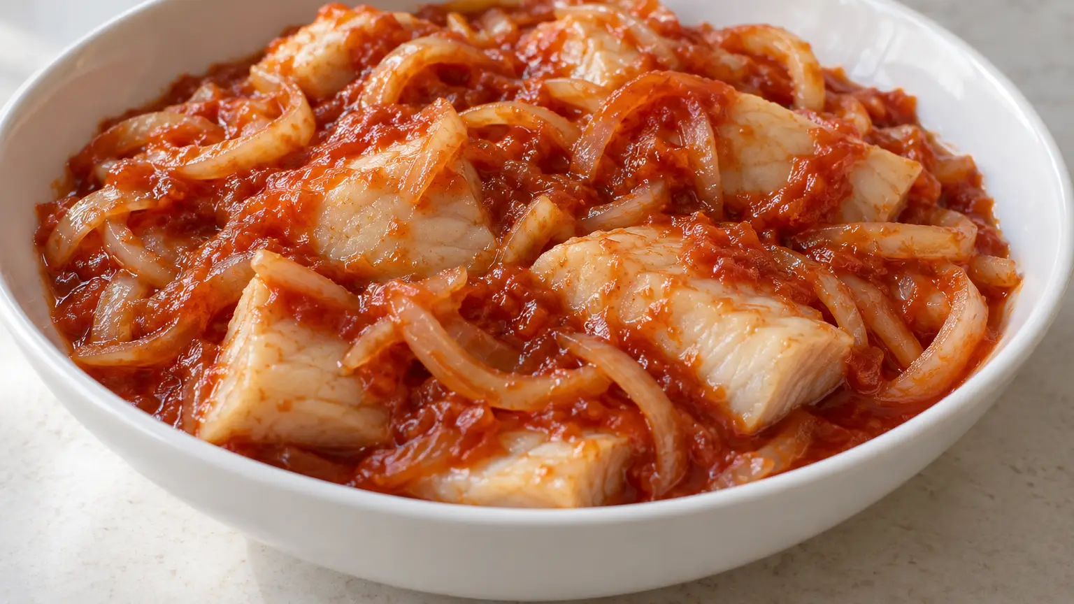 Herring pieces with soft onion slivers in glossy red tomato sauce