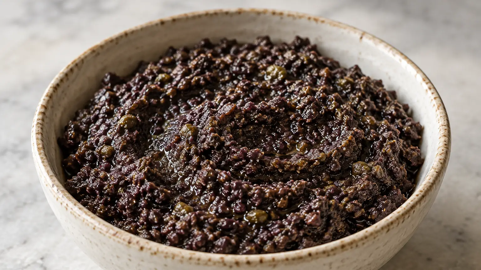Dark black olive tapenade with a fine, grainy texture and an olive oil sheen