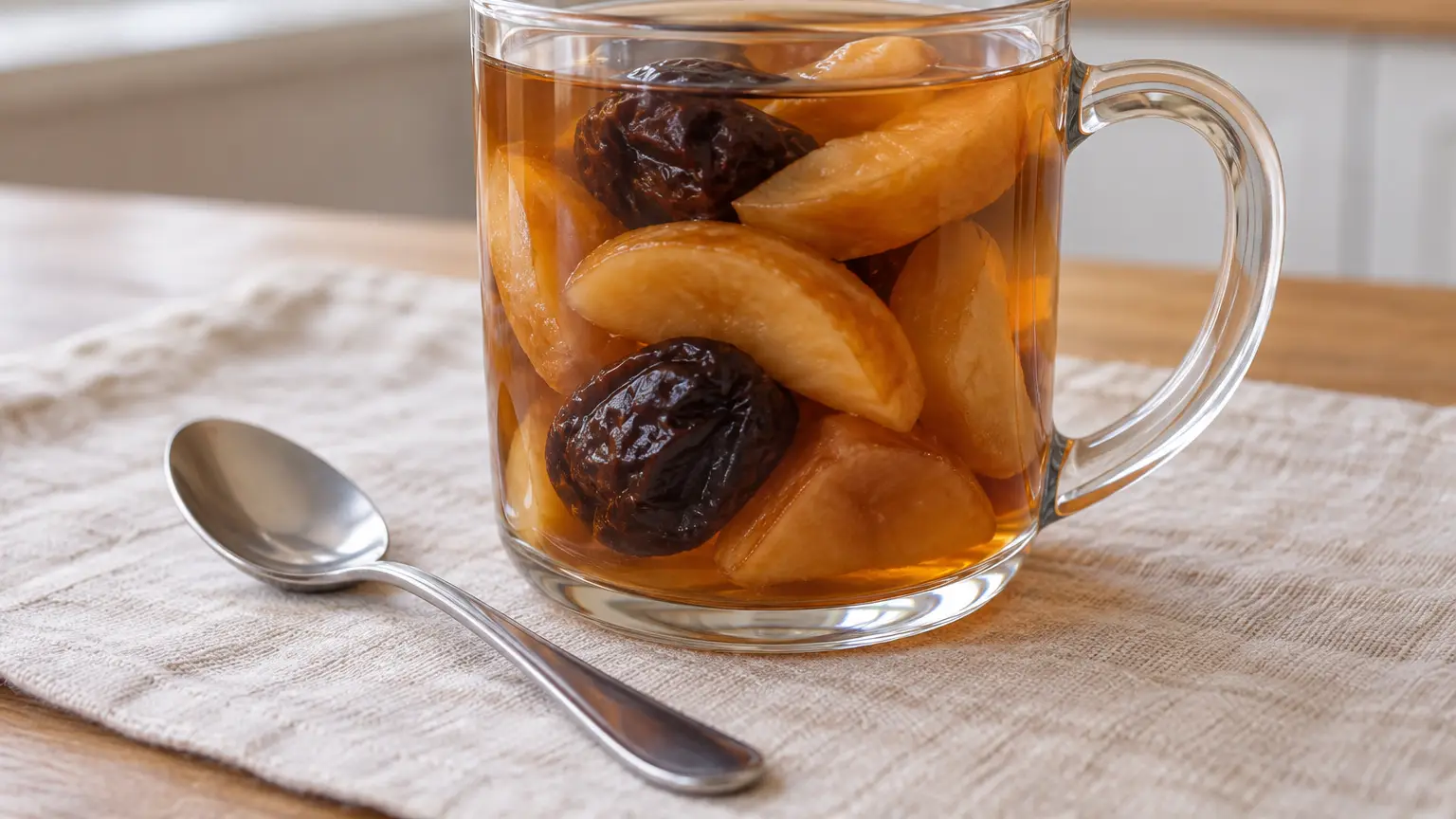 Dark dried fruit kompot with soft plums and pieces of apple and pear