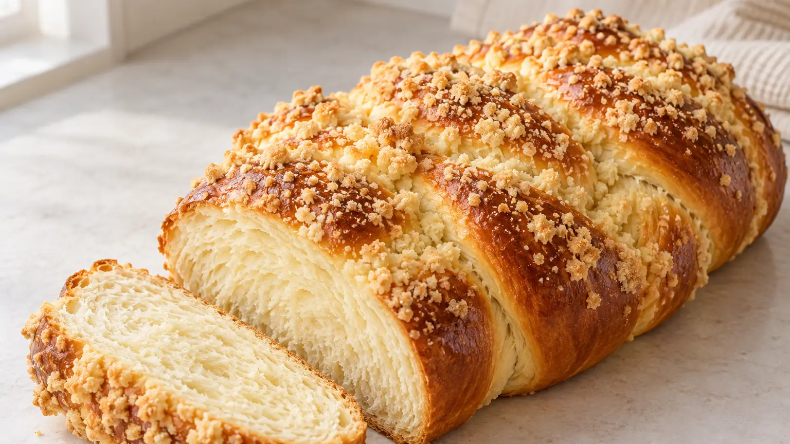 Braided butter challah with crisp streusel and a slice showing its fluffy crumb