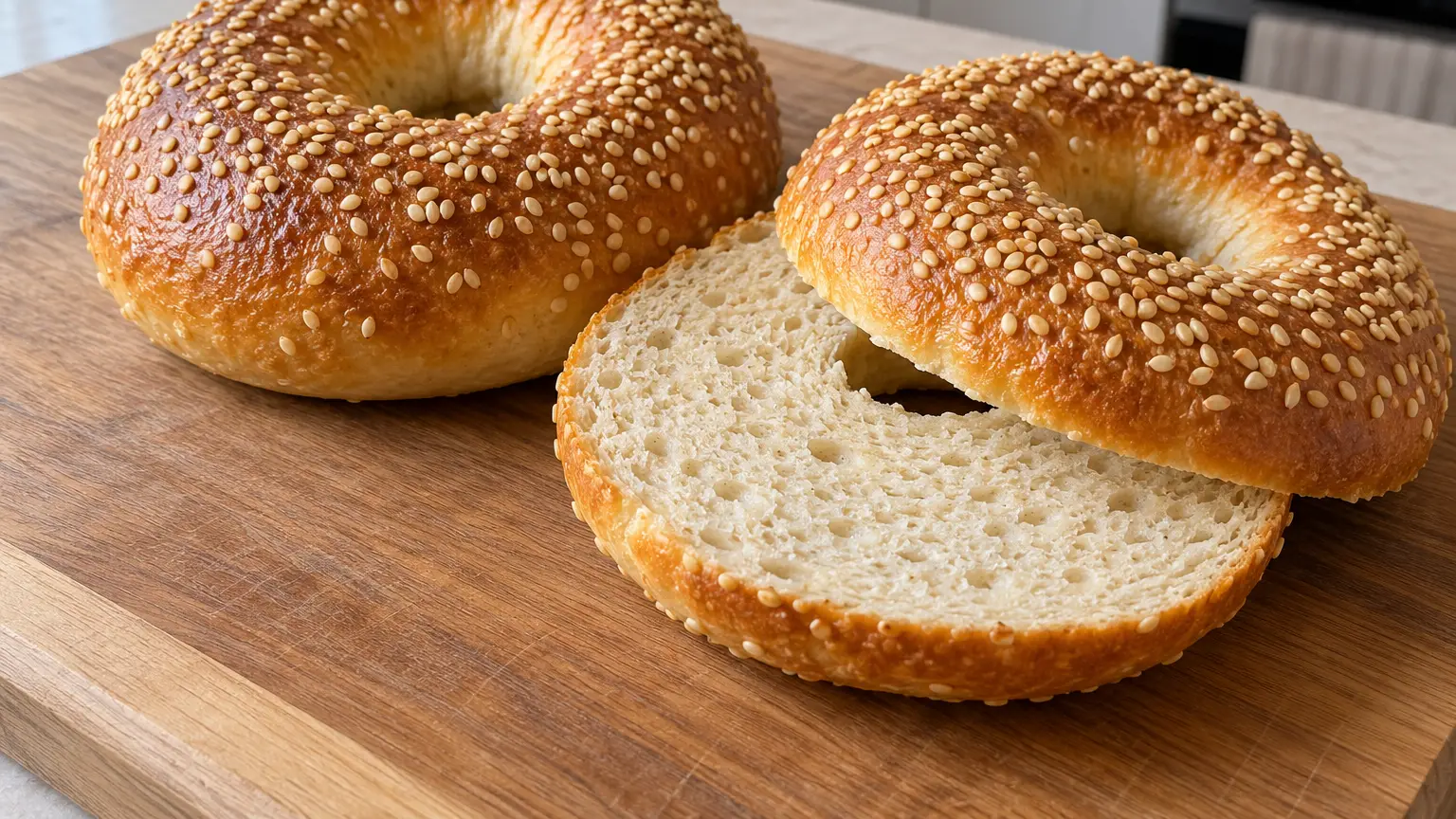 Golden sesame bagels with one half revealing a firm, elastic crumb