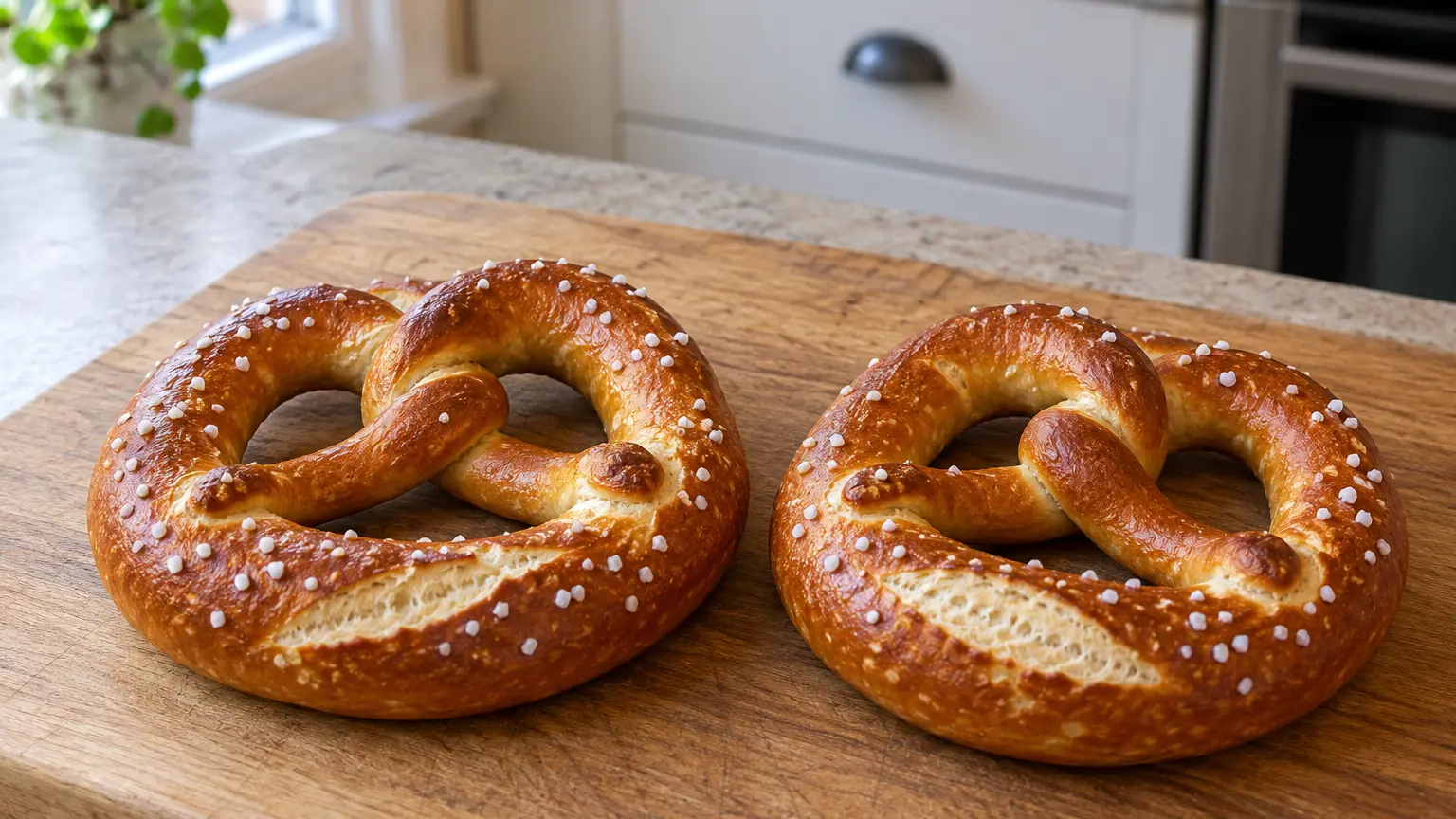 Browned pretzels with coarse salt, a pale score and three openings