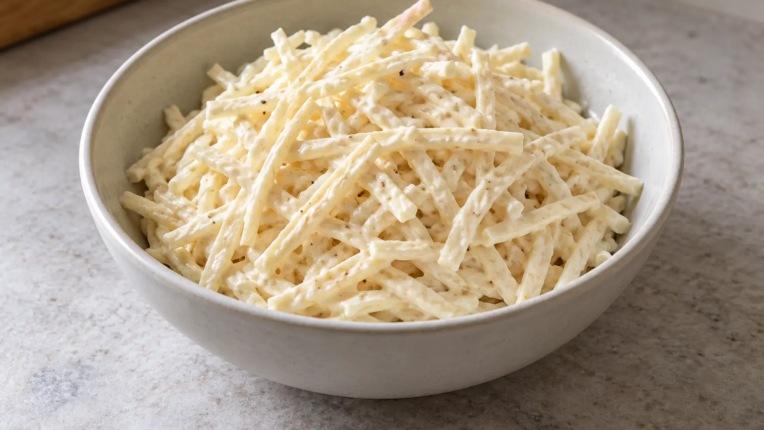 Thin celery root strips in a pale, creamy mustard dressing in a small bowl