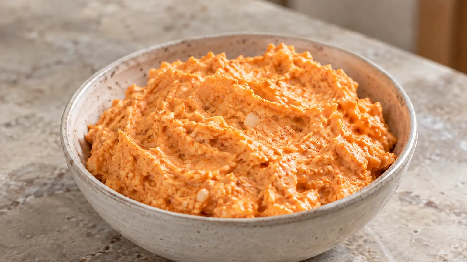 Orange Camembert spread with finely chopped onion and small pieces of white rind