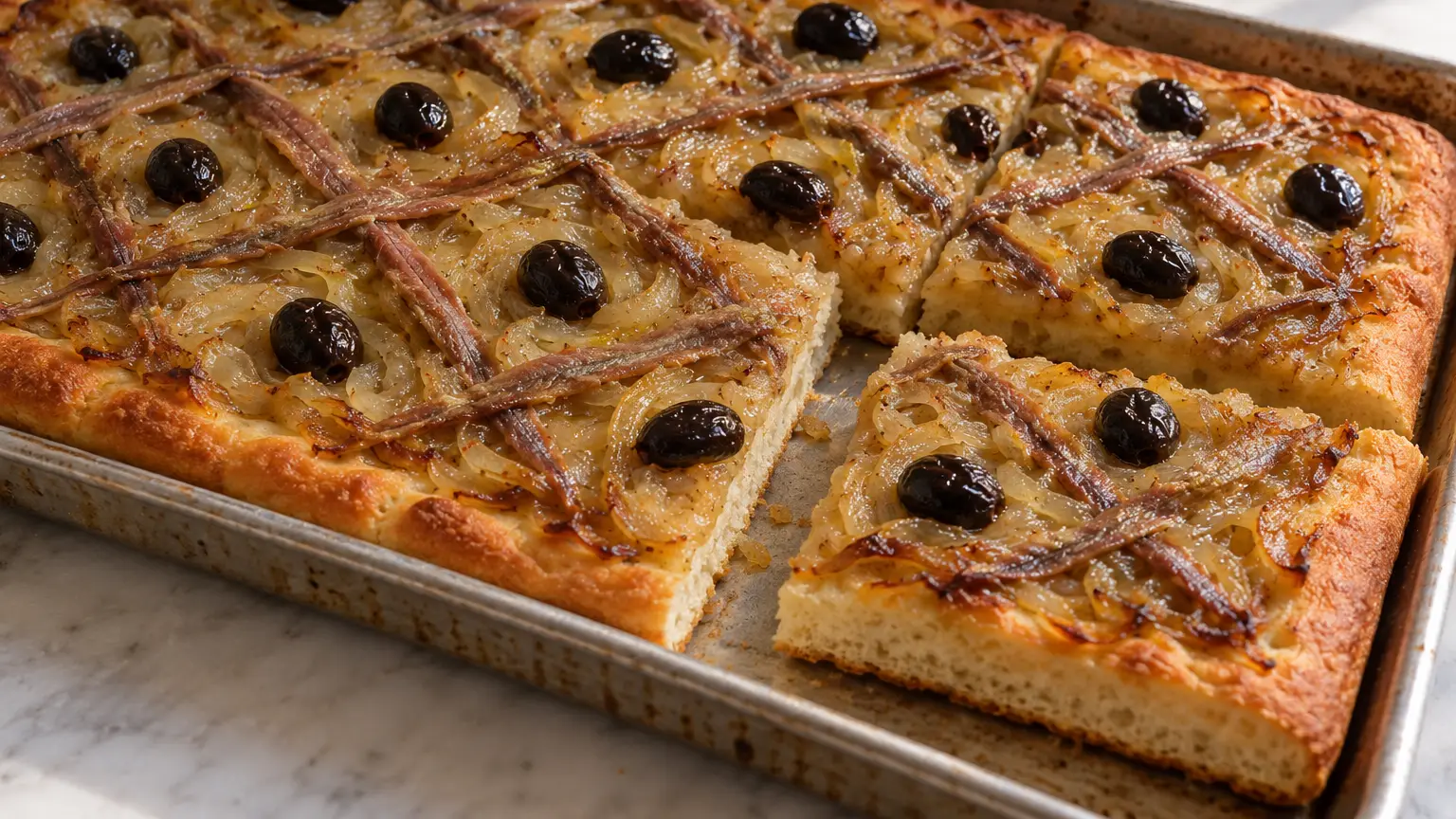 Rectangular pissaladière with soft onions, an anchovy lattice, and black olives