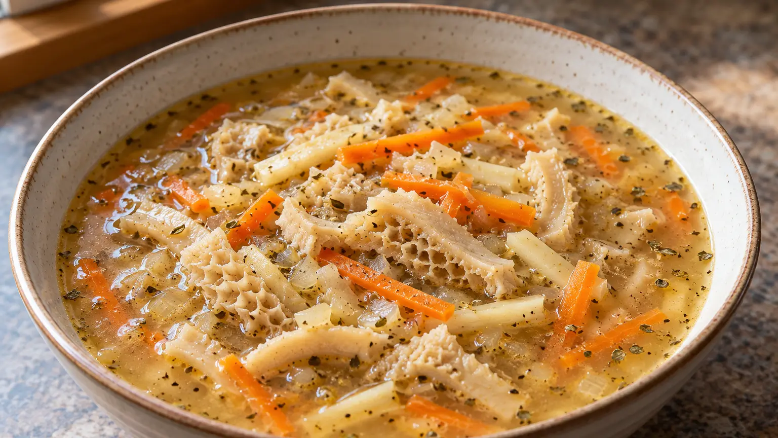 Beef tripe soup with tender strips, vegetable matchsticks, and marjoram in lightly thickened broth