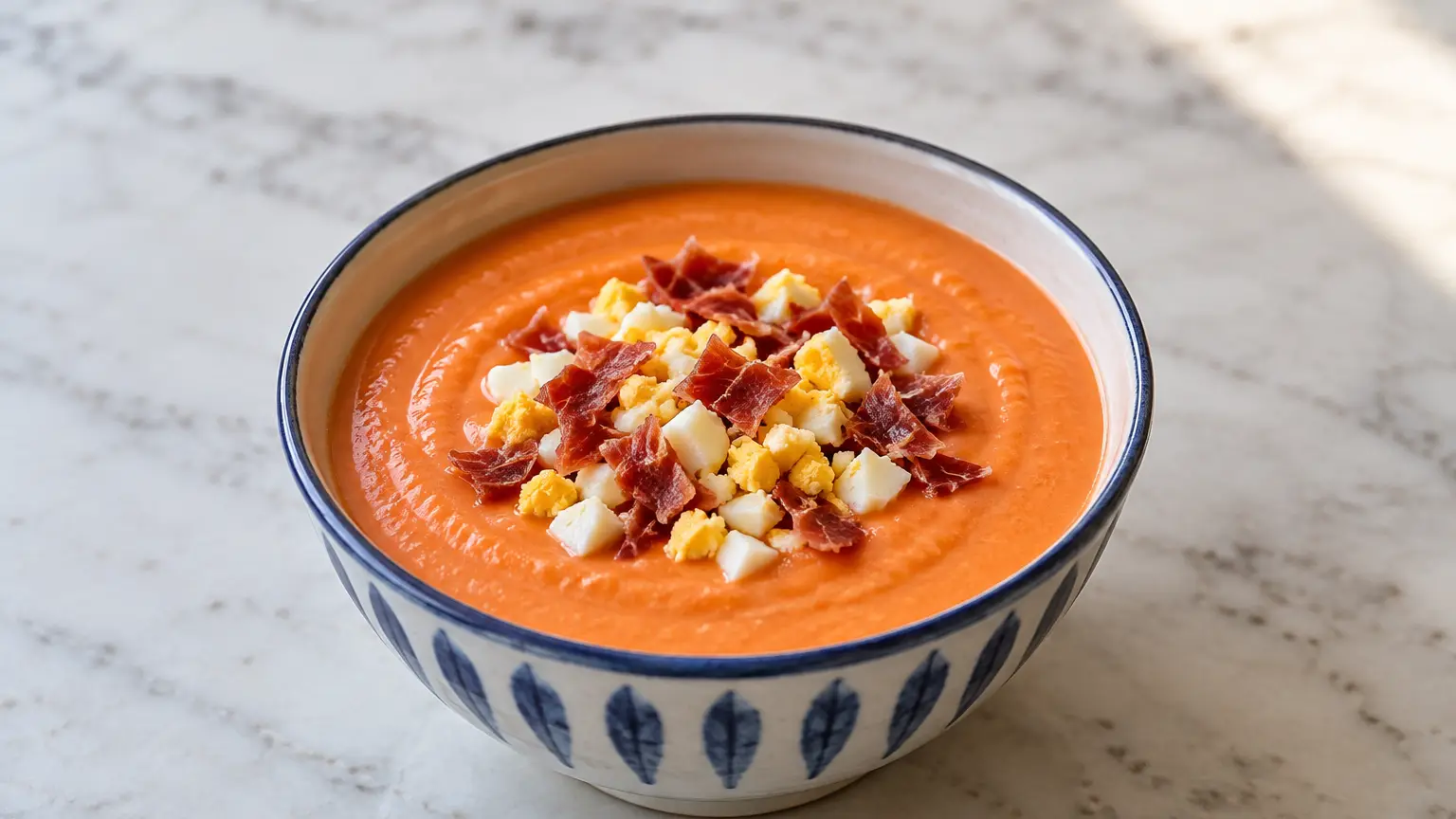 Thick orange salmorejo with small pieces of hard-boiled egg and serrano ham