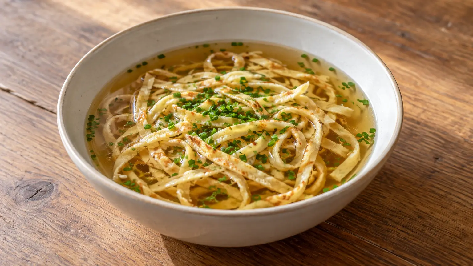 Clear beef broth with thin crepe ribbons and fresh chives in a bowl