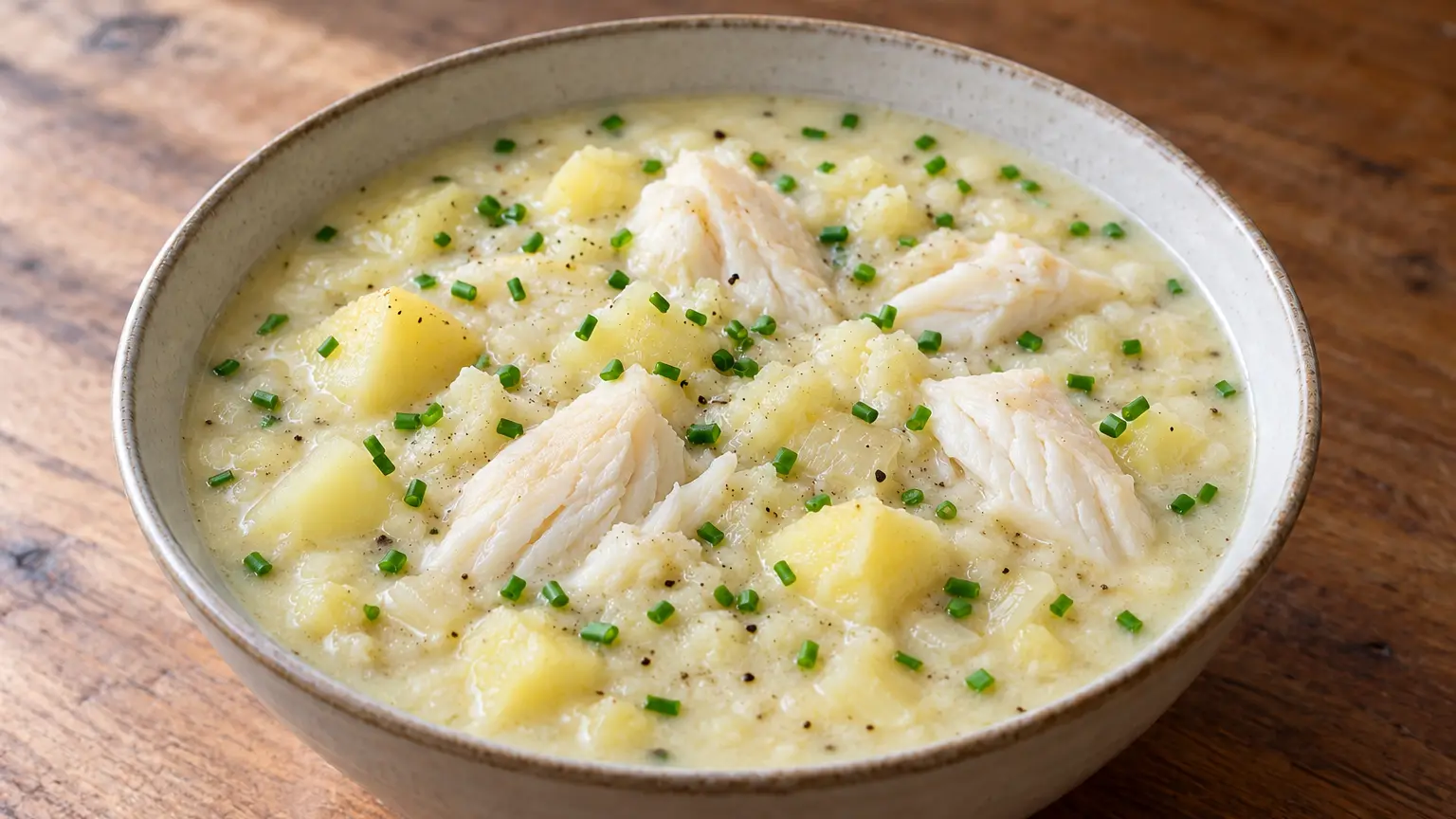 Pale milk-based soup with large smoked haddock flakes, potatoes and finely chopped chives