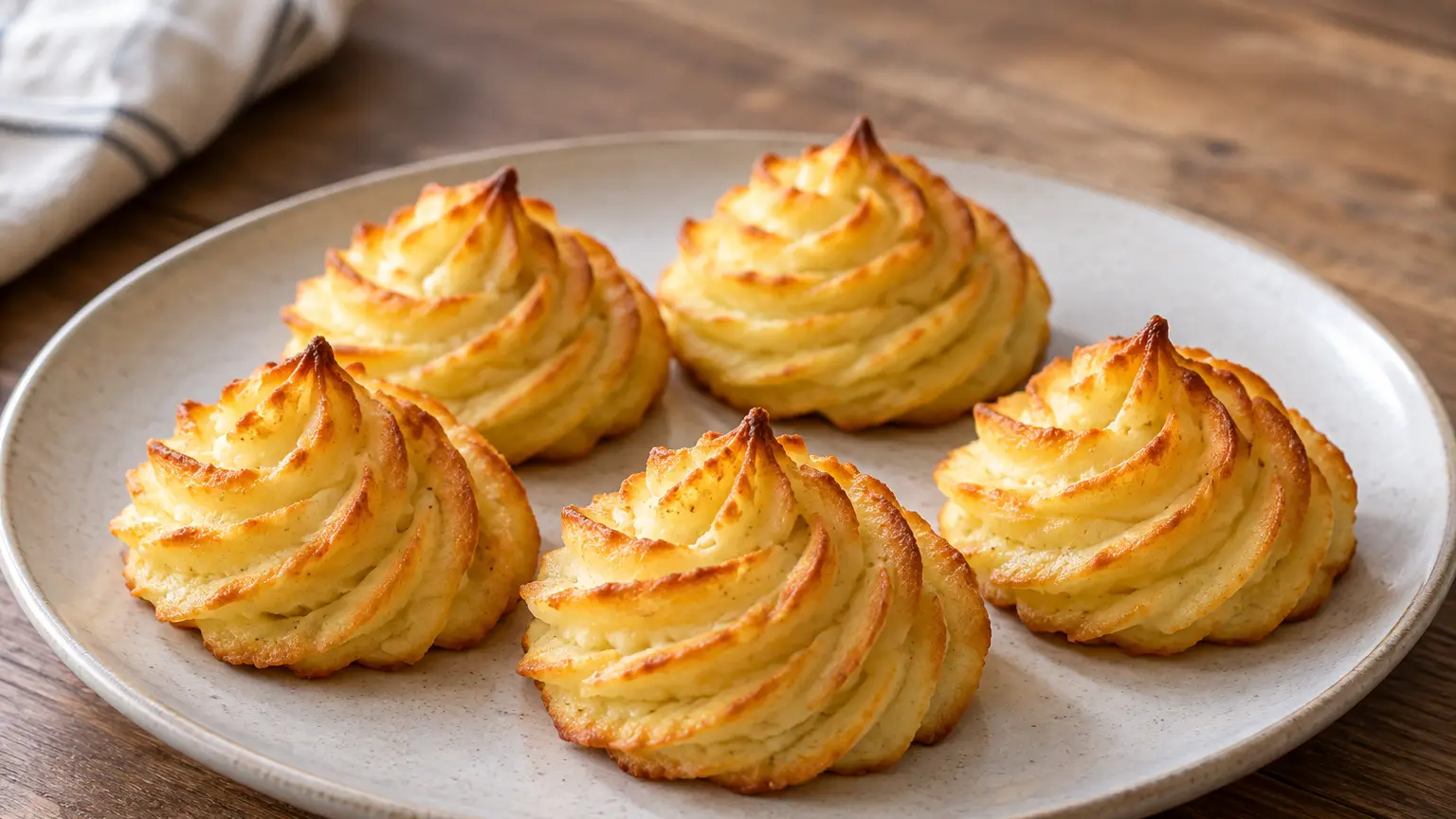 Golden potato rosettes with distinct spiral ridges arranged on a plate