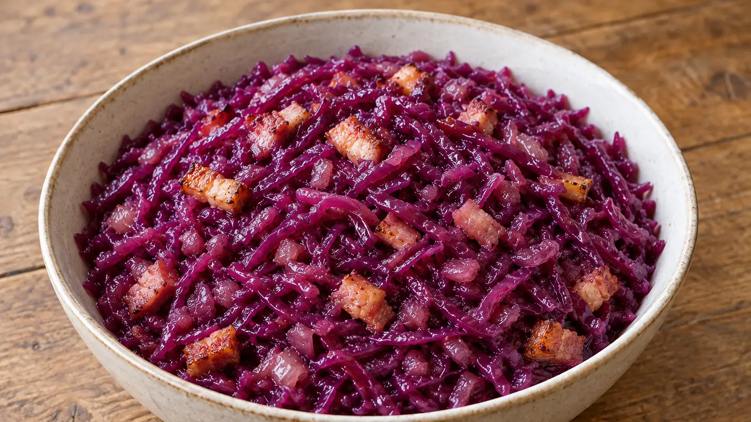 Tender reddish-purple cabbage with apple and small pieces of bacon in a bowl