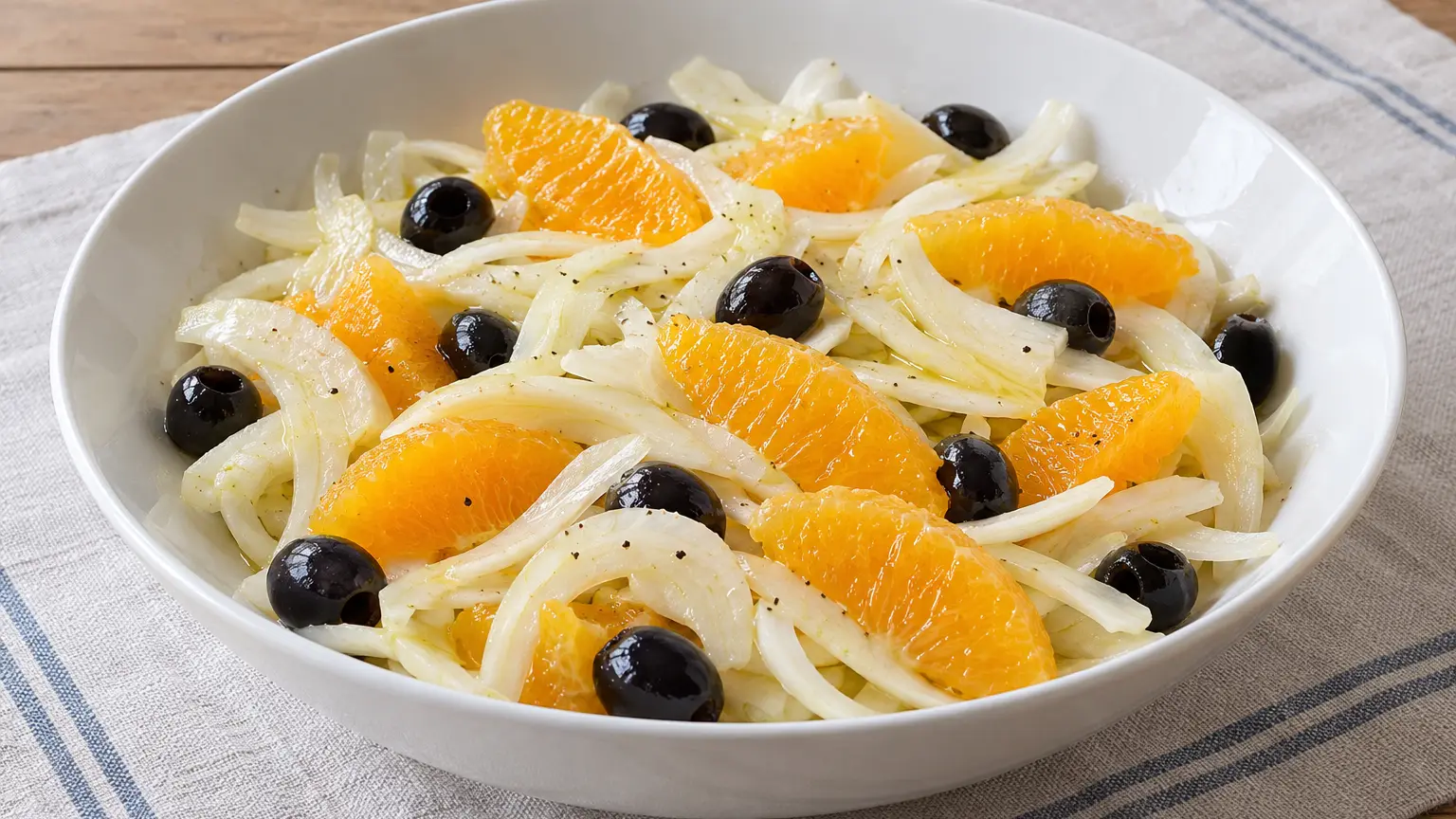 Thin fennel slices with orange segments and black olives in a salad bowl