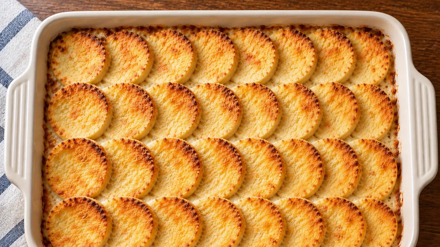 Golden overlapping rounds of gnocchi alla romana baked with Parmesan in a dish