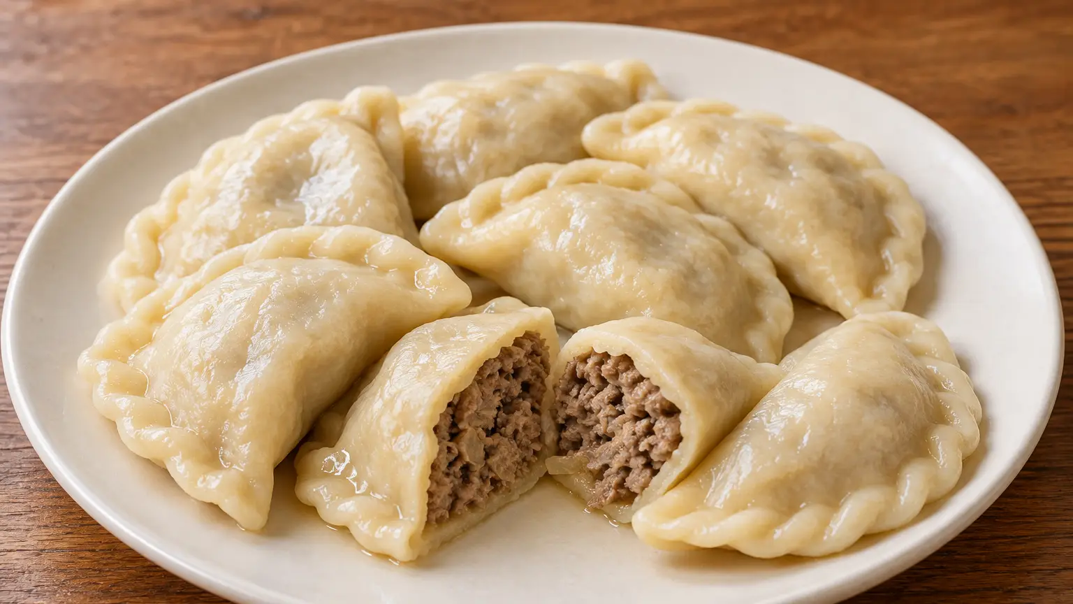 Beef pierogi drizzled with butter, with one cut open to show the fine meat filling