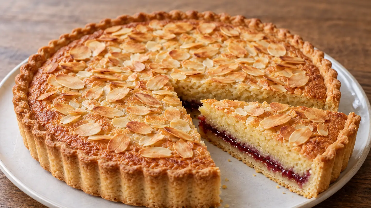 Bakewell tart with sliced almonds and a slice removed, revealing the raspberry layer above shortcrust pastry