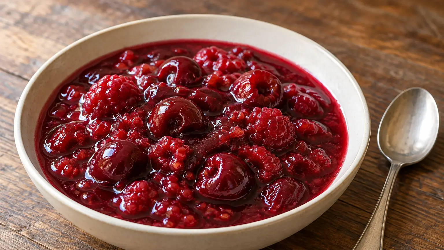 Rote Grütze with sour cherries and raspberries in thick red juice