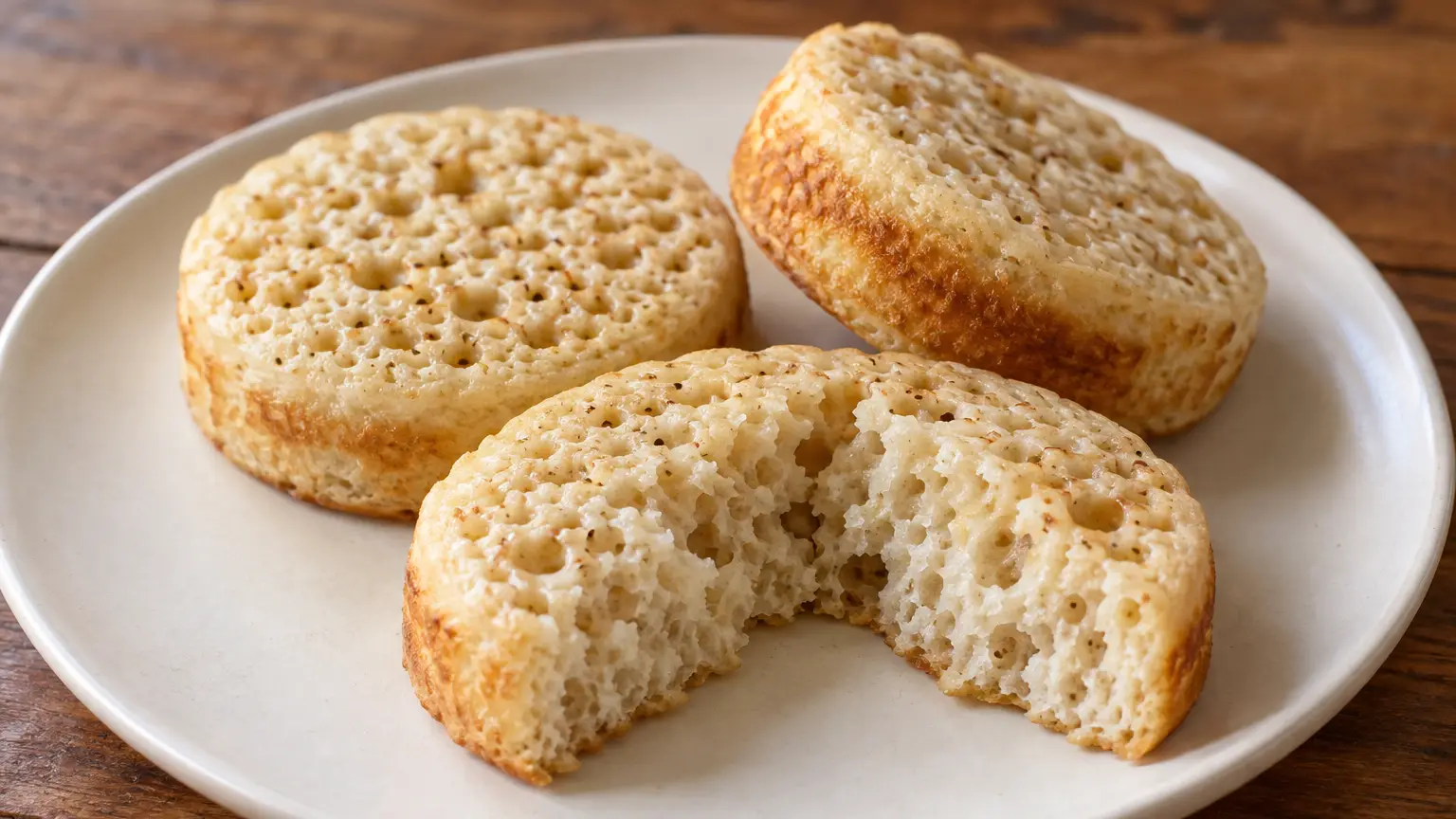 Crumpets with pale porous tops, golden bottoms, and springy centers