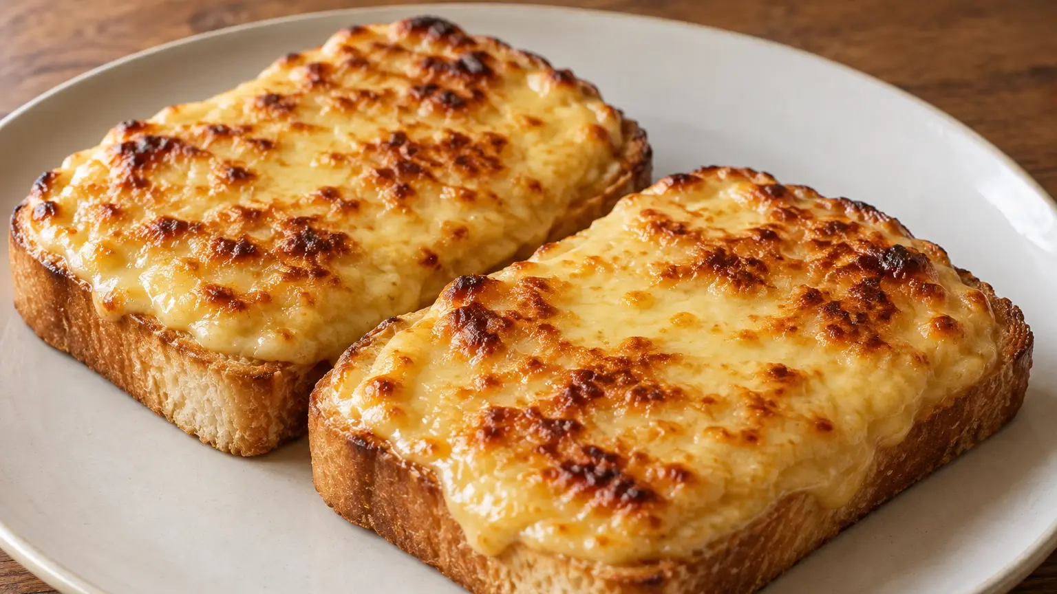Welsh rarebit with a thick layer of cheddar sauce and browned spots