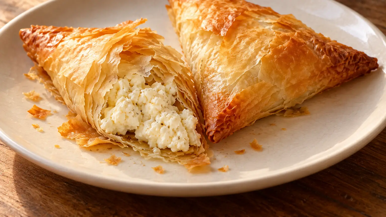 Golden tiropita triangles with crisp phyllo layers and feta filling