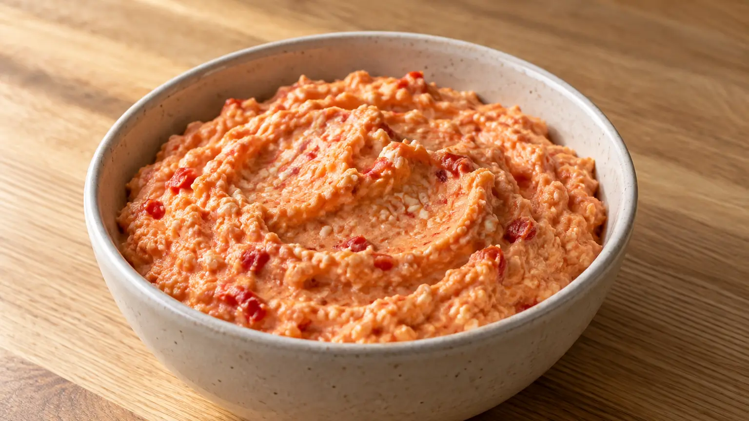 Thick salmon-colored tirokafteri dip with a fine feta grain in a bowl