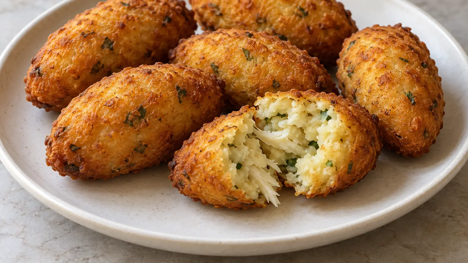 Golden oval cod and potato croquettes with soft centers