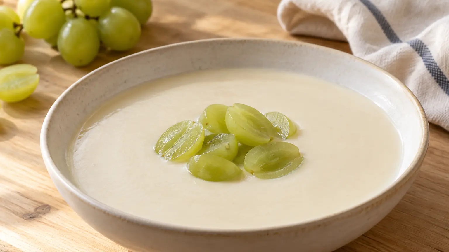 Pale creamy almond-garlic soup with halved green grapes on the surface