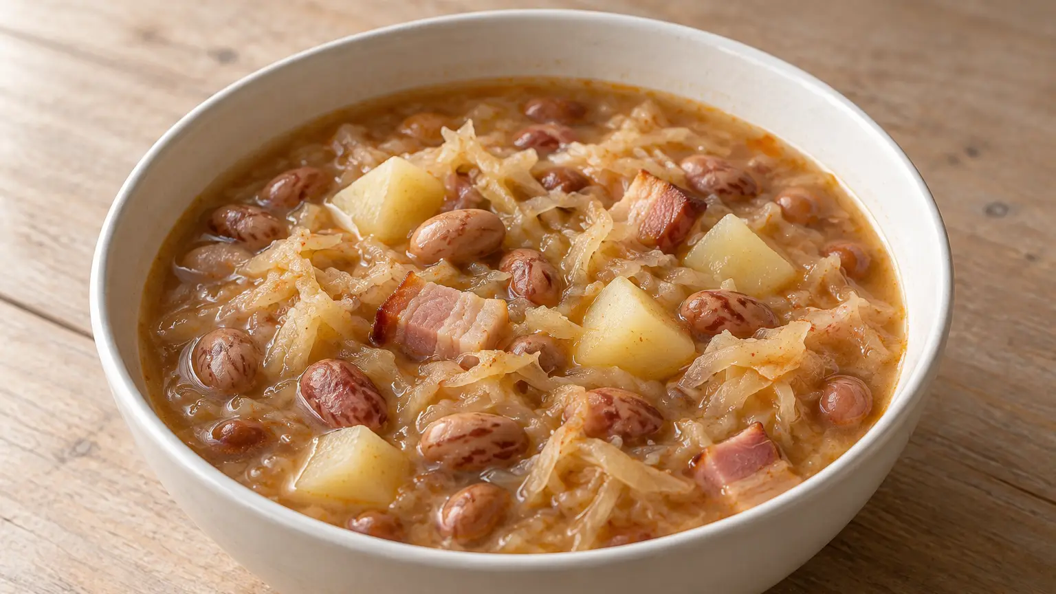 Thick jota with borlotti beans, potato pieces, sauerkraut and smoked bacon