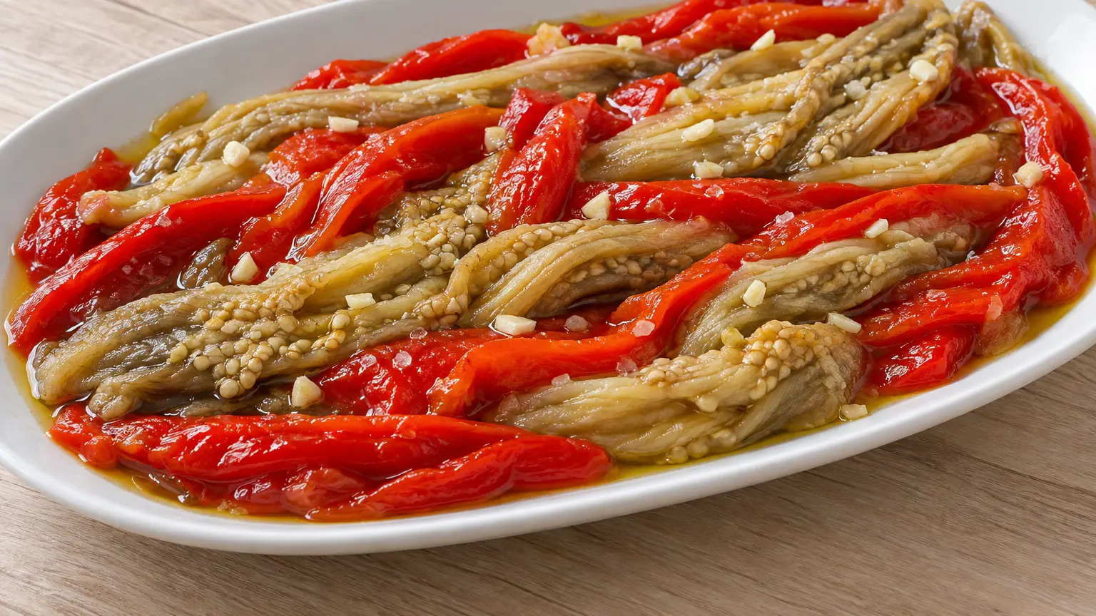 Tender red pepper and eggplant strips in olive oil with finely chopped garlic