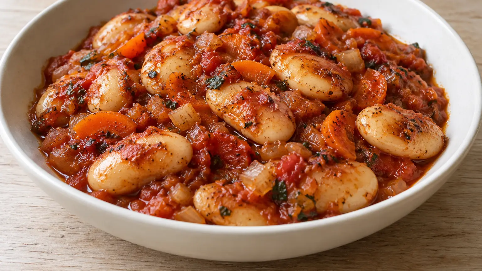 Giant white beans with a lightly browned top in thick tomato sauce