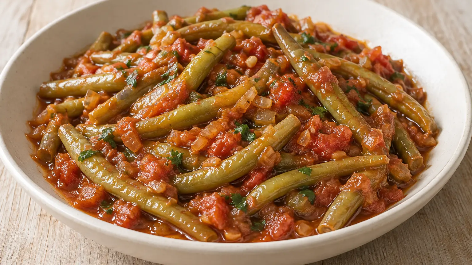 Tender green beans in thick tomato sauce with onion and olive oil
