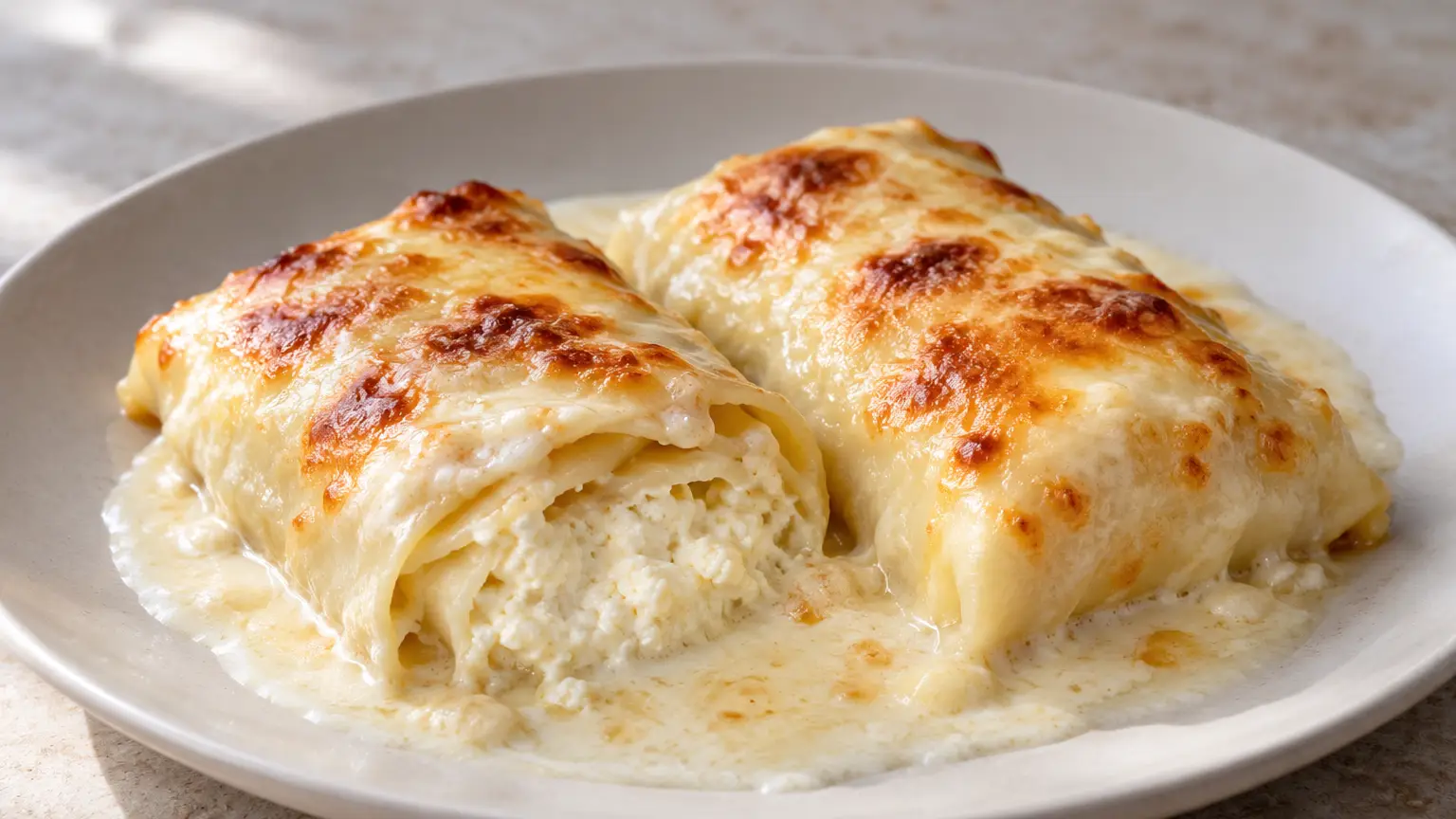 Warm Croatian štrukli with curd cheese and golden-brown cream on a light-colored plate