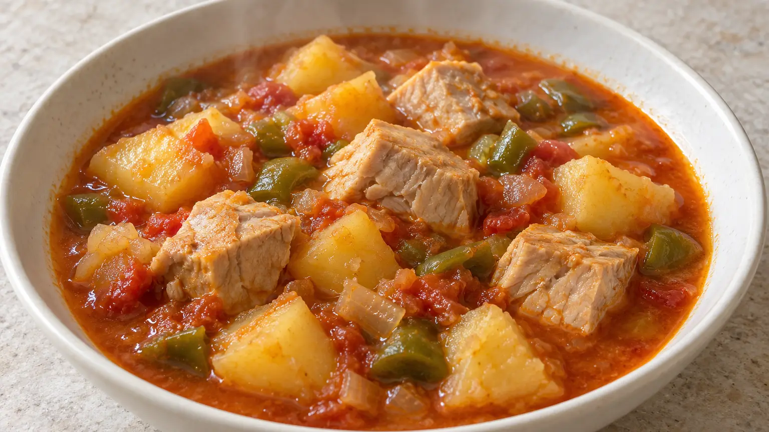 Basque marmitako with chunks of tuna, potatoes, and peppers in thickening broth
