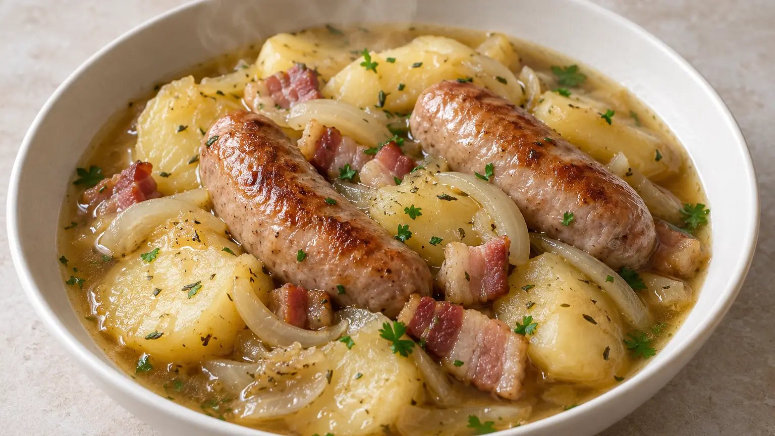 Irish sausages with bacon, tender potatoes, onions, and parsley in broth