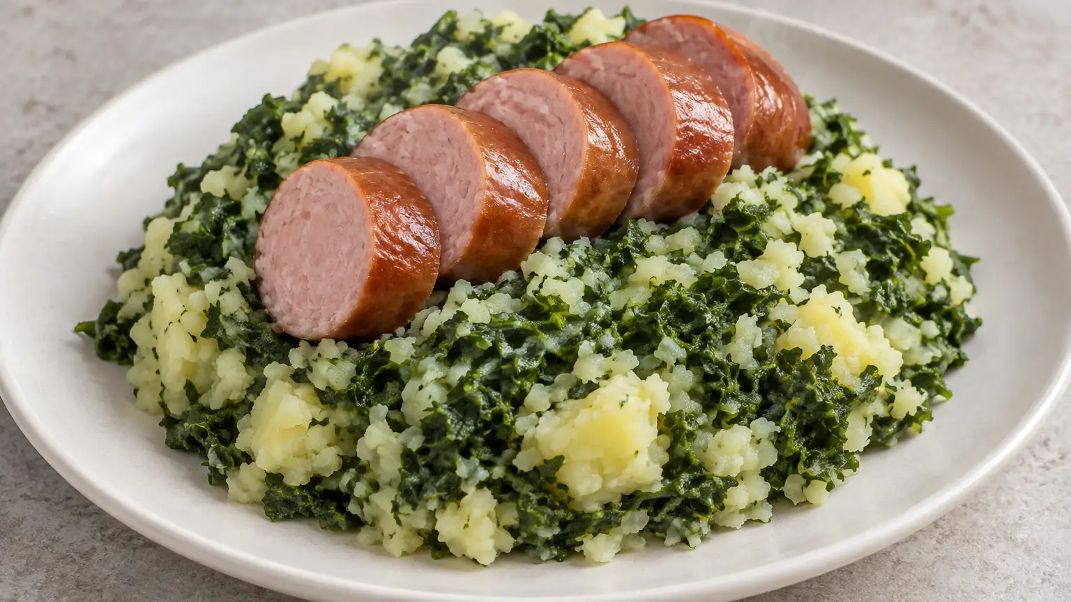 Coarsely mashed potatoes with kale and hot slices of smoked rookworst sausage