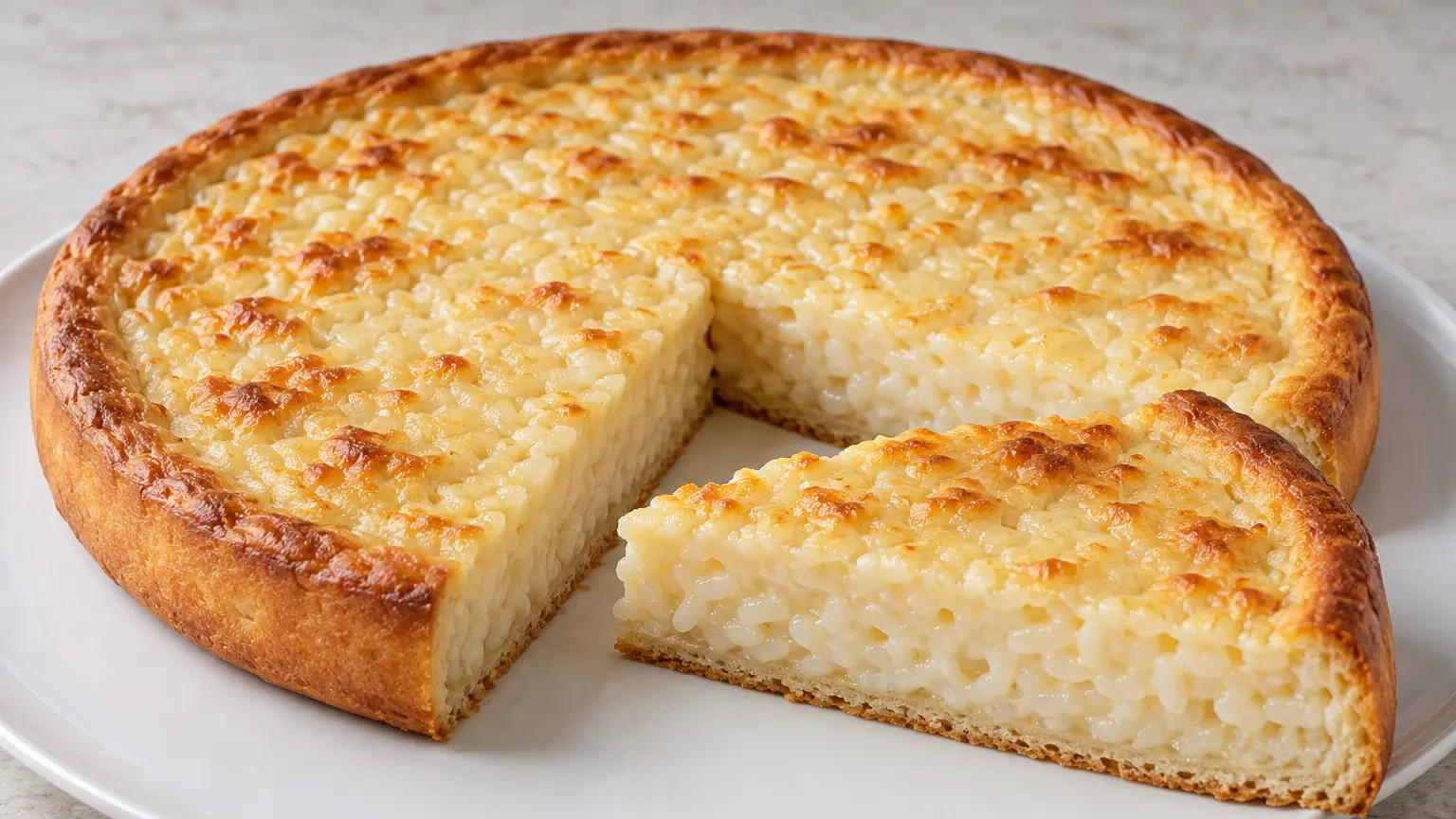 Rijstevlaai with a golden yeast crust edge and a slice cut out, revealing creamy rice